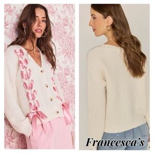 Francesca's Collections Cream and Pink Jeannine Ribbon Front Button Up C…